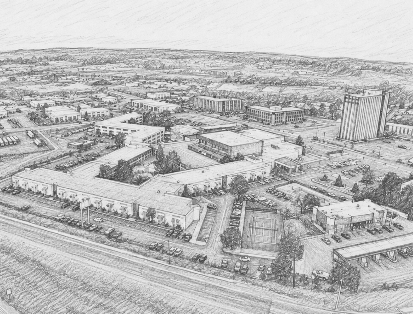 Aerial architectural illustration of the hotel-to-multifamily conversion financed by NewBridge in Colorado Springs.
