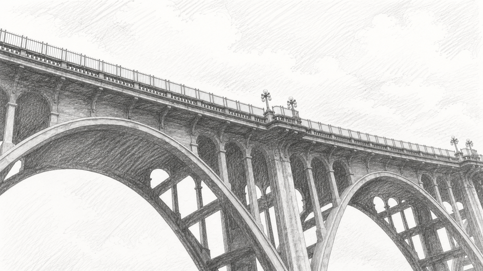 Pencil sketch of the Colorado Street Bridge in Pasadena