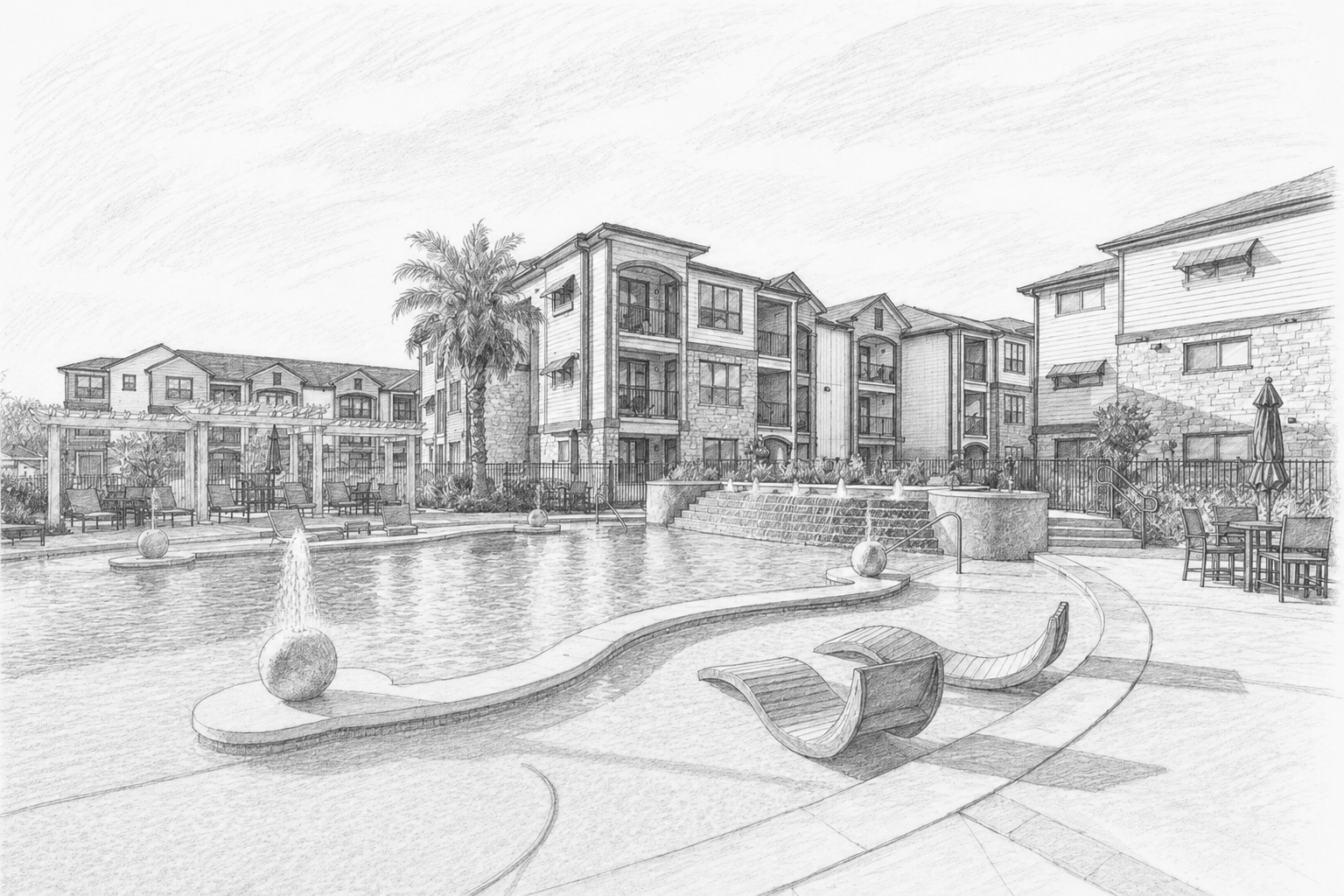 Architectural illustration of the resort-style Houston multifamily property financed by NewBridge.