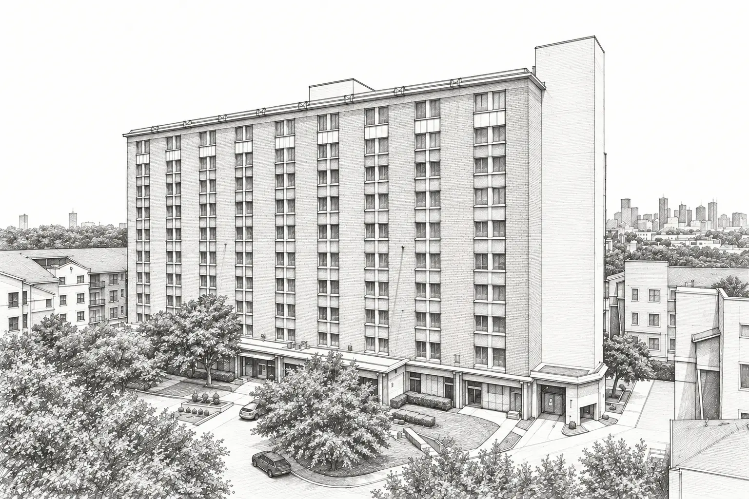 Grayscale architectural pencil sketch of a mid-rise multifamily building in Houston, Texas.