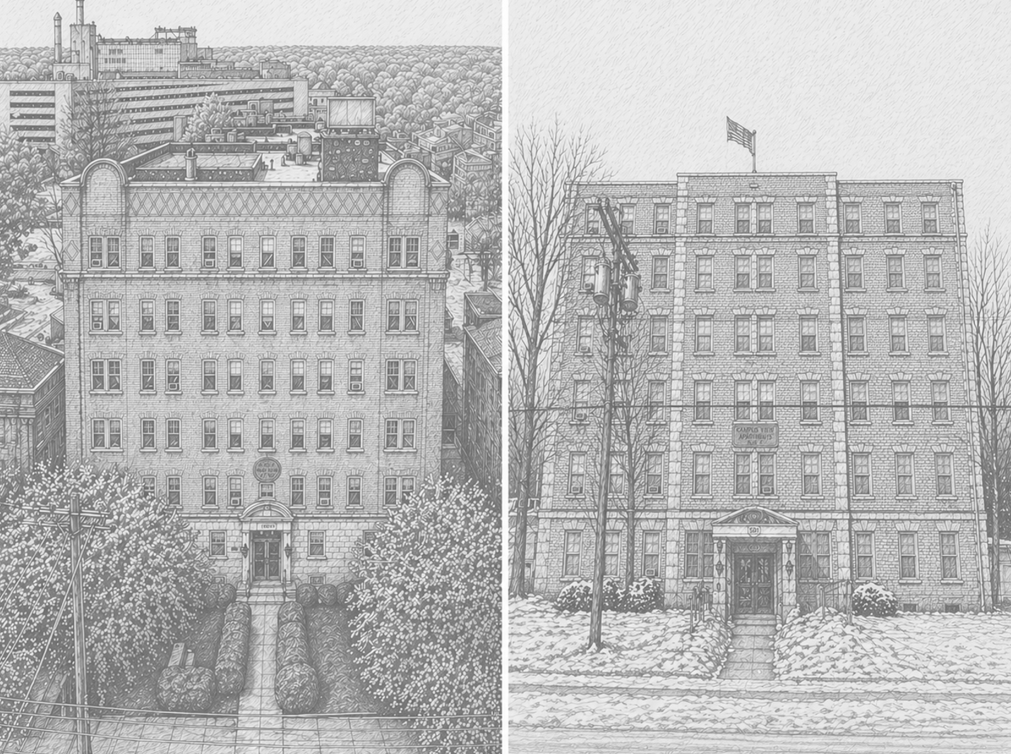 Architectural illustrations of two multifamily properties in the New Haven portfolio financed by NewBridge.